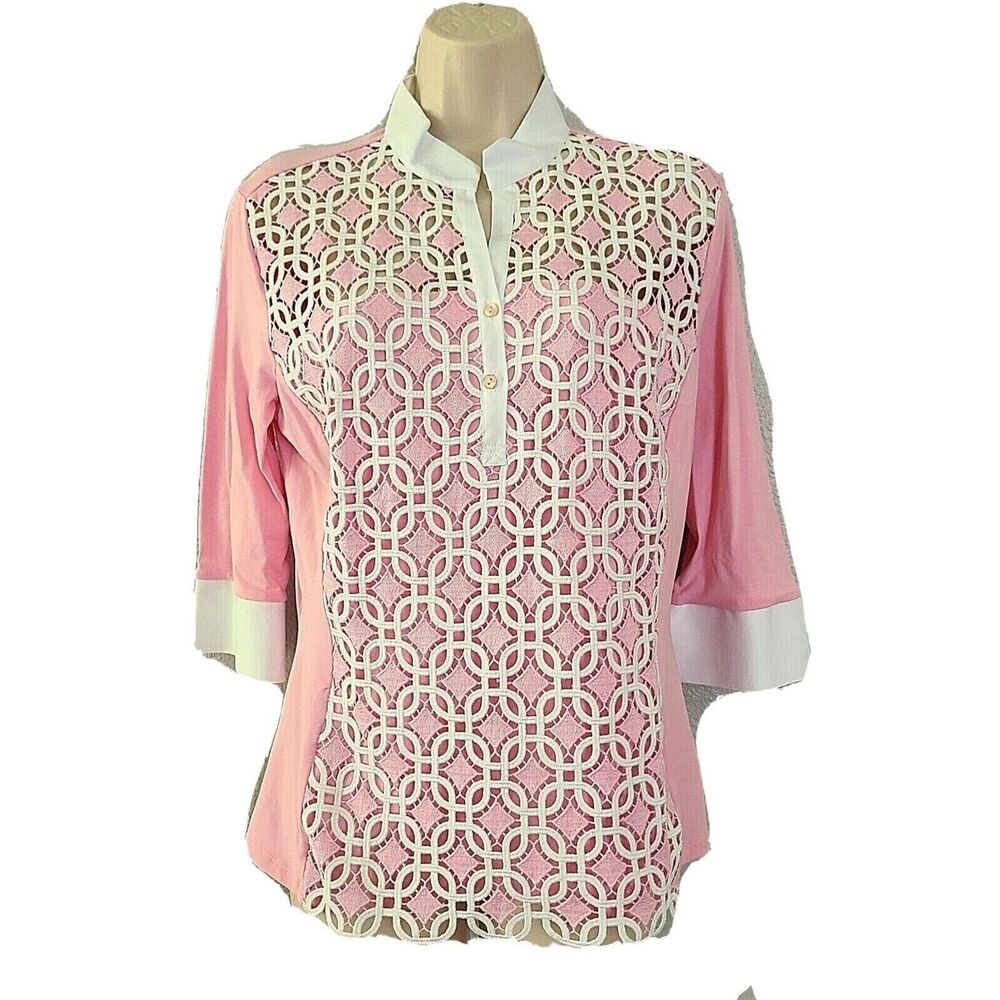 NaraCamicie Women's Top Blouse 3/4 Sleeves Cotton Crochet Pink  Italy sz 8 new